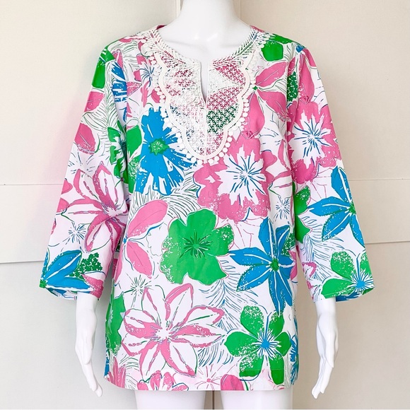 TALBOTS Tunic Floral Lace 100% Cotton 3/4 Sleeve Split Neck Popover Styling - Picture 8 of 14